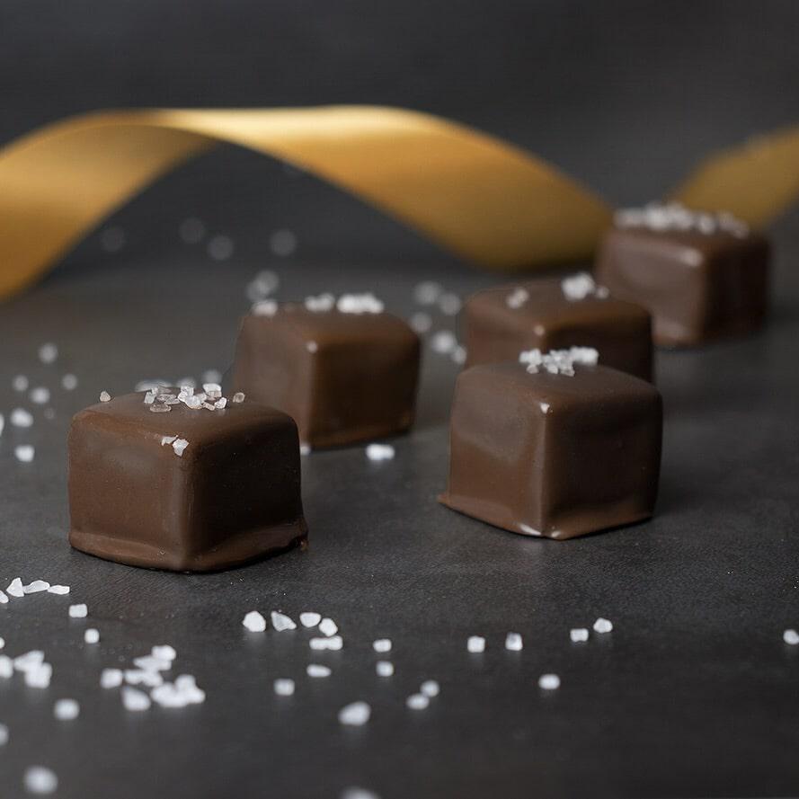 Kansas City Caramels Dipped in Dark Chocolate with Sea Salt Sprinkles
